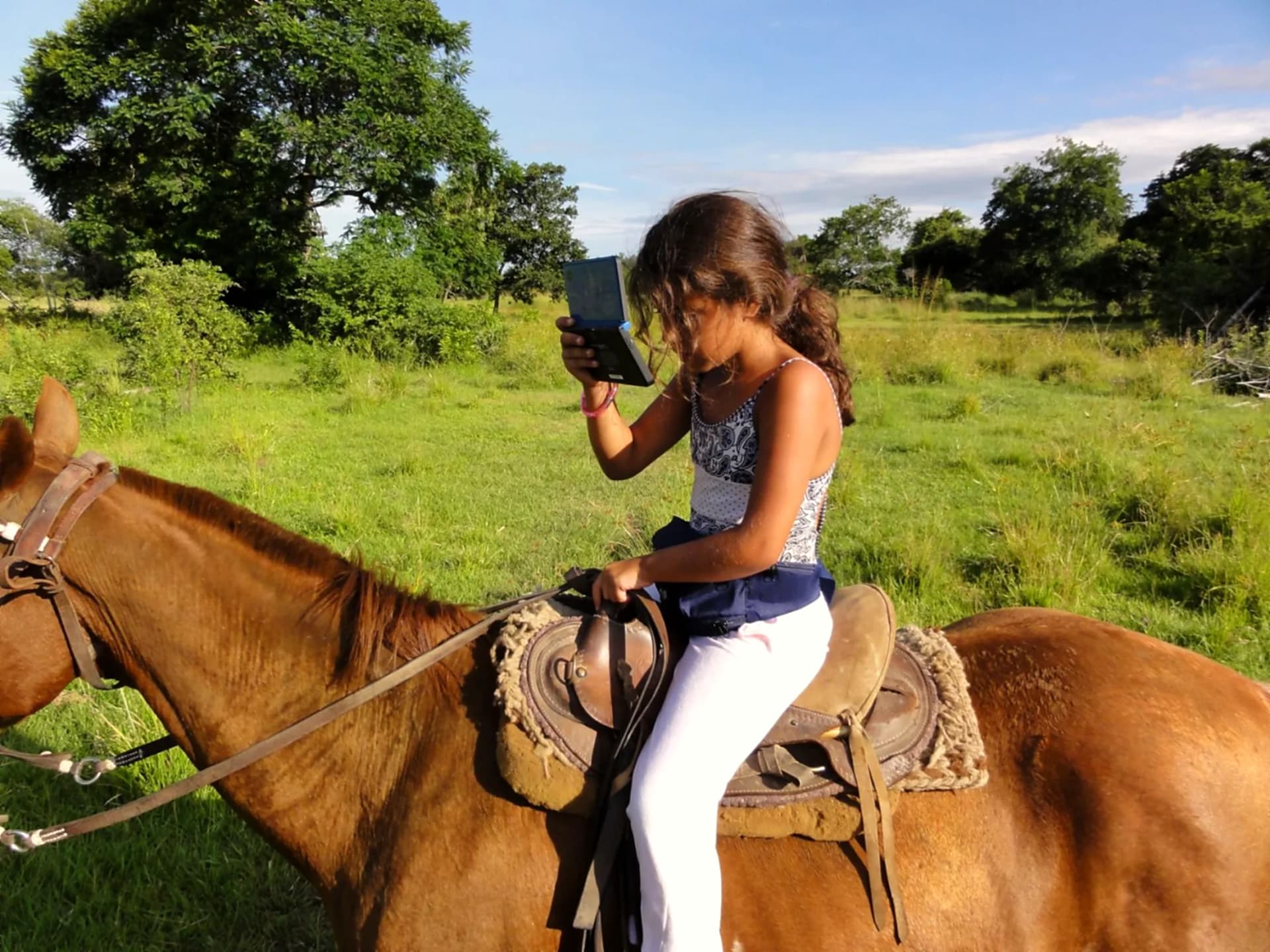 Majo de nena, a caballo en el campo, jugando con una Nintendo DS