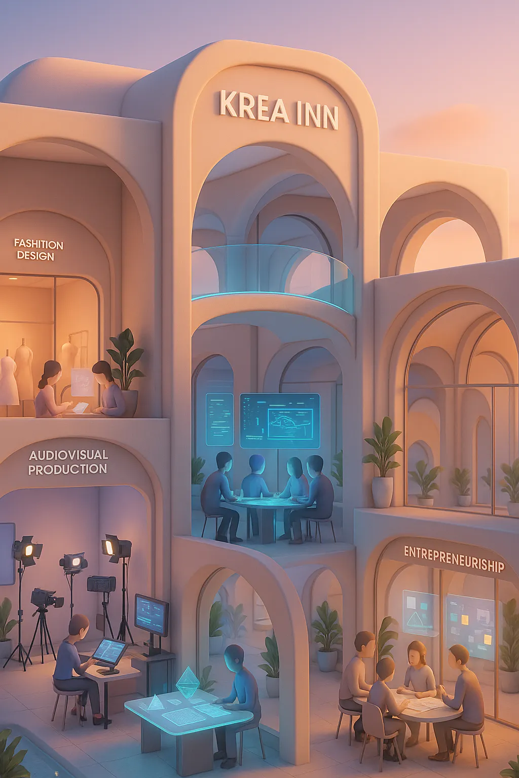 Ilustración 3D de los arcos de Krea INN