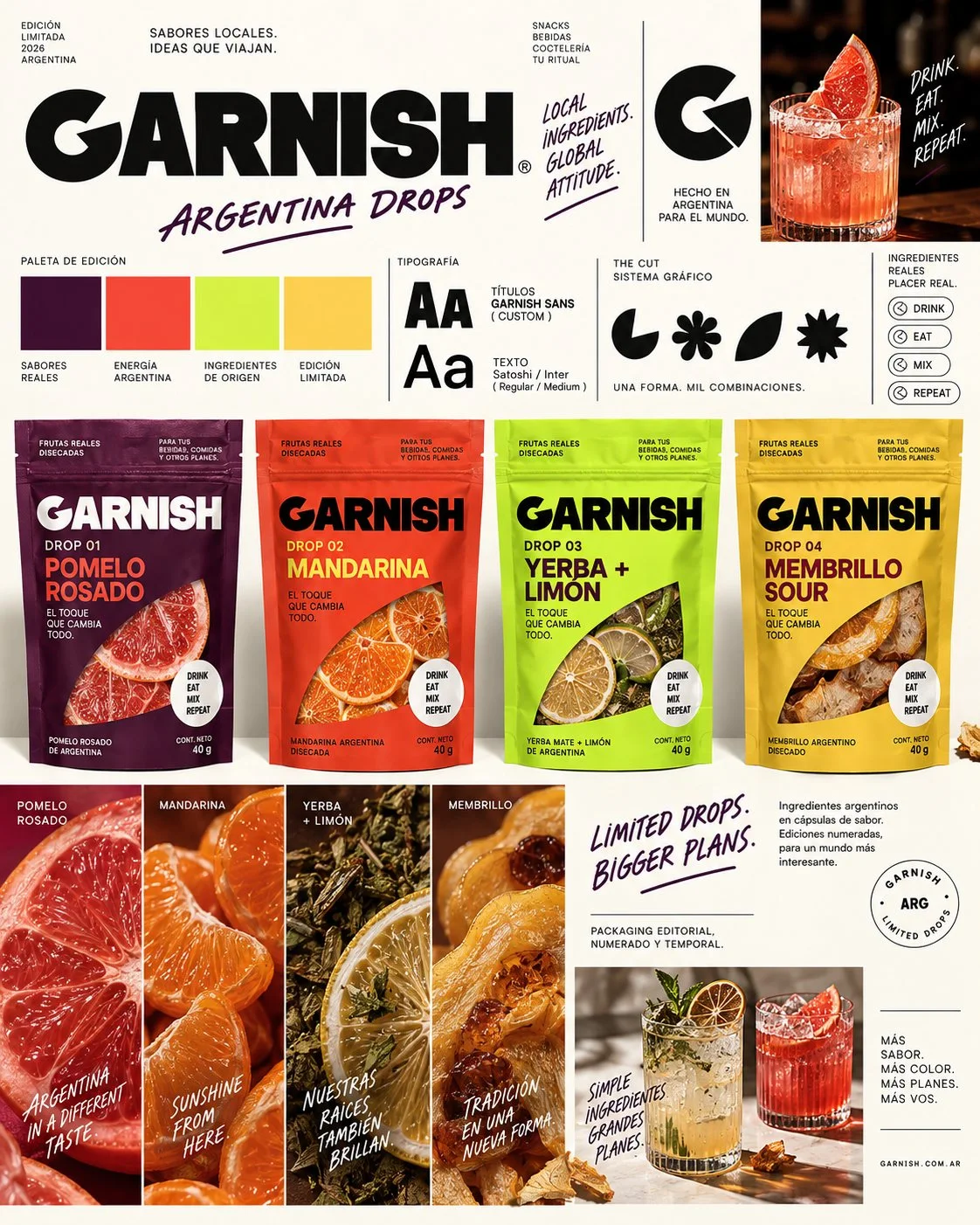 Moodboard de Garnish Argentina Drops: cuatro bolsas numeradas Pomelo Rosado, Mandarina, Yerba + Limón y Membrillo Sour, paleta de edición, macros de cada ingrediente y sello ARG Limited Drops