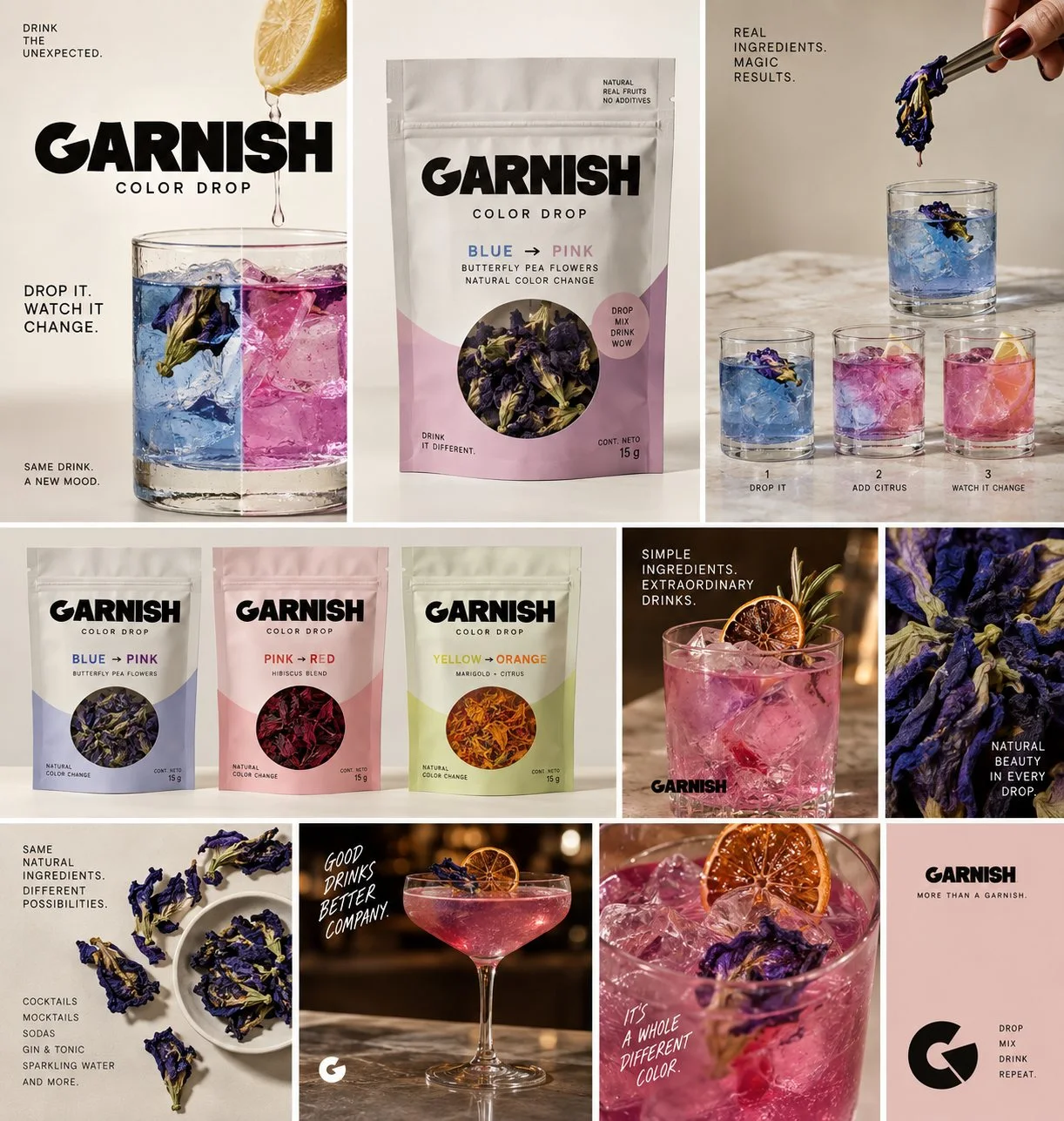 Moodboard de Garnish Color Drop: bolsas Blue a Pink, Pink a Red y Yellow a Orange, flores de butterfly pea y tragos que pasan de azul a rosa