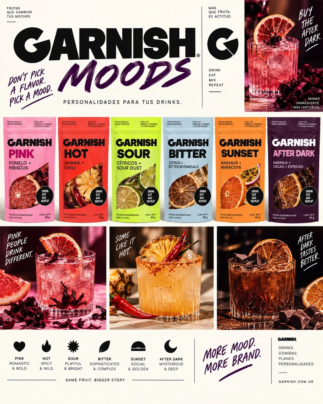Moodboard de Garnish Moods: seis bolsas Pink, Hot, Sour, Bitter, Sunset y After Dark, tragos con hibiscus, chili y cacao, e íconos de personalidad